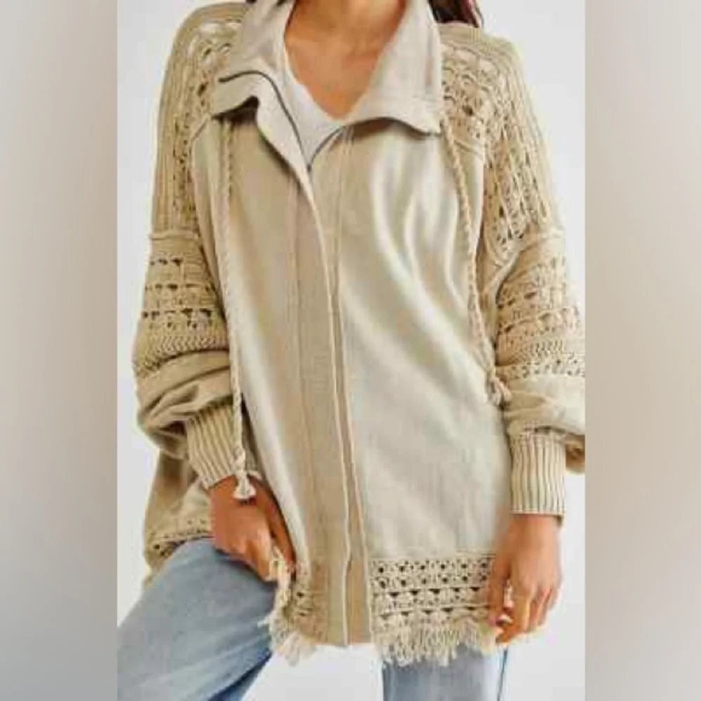 Free People Dune Bug Crochet Cardigan Women’s Size Small Oatmeal‎ Oversized - Picture 2 of 6